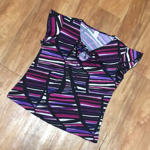 Bobbie Brooks Multicolored Short Sleeve Striped Blouse Size Large (12-14) - Picture 1 of 6